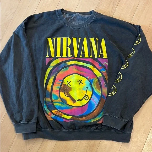 NIRVANA Black and Yellow Crewneck Sweater with Bold Smiley - Picture 1 of 6